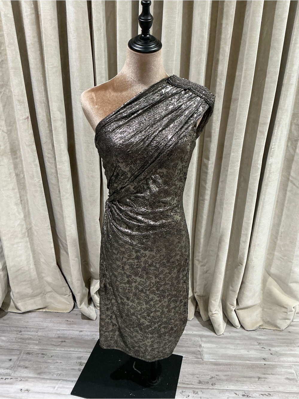 David Meister One-Shoulder Metallic Taupe Cocktail Dress
